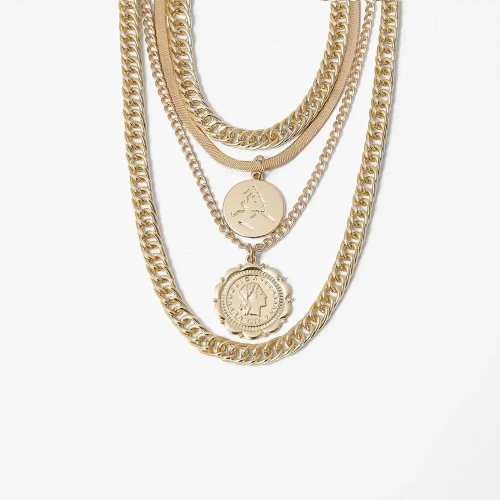 Vintage Style Multilayers Human Head Coin Pendant Necklaces For Women And Girls -Thick Chain Necklace Jewelry