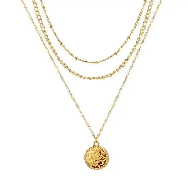 Vintage Style Multilayers Human Head Coin Pendant Necklaces For Women And Girls -Thick Chain Necklace Jewelry