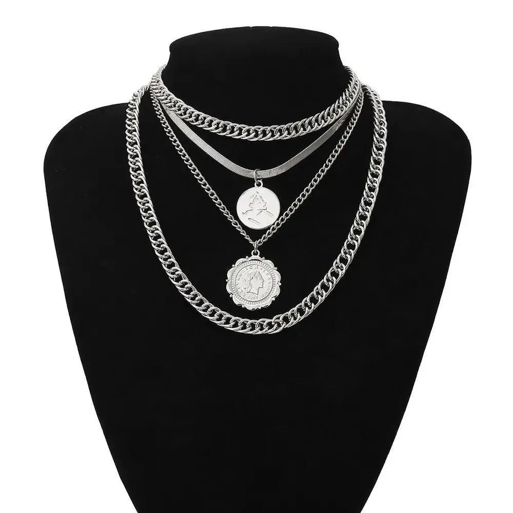 Vintage Style Multilayers Human Head Coin Pendant Necklaces For Women And Girls -Thick Chain Necklace Jewelry