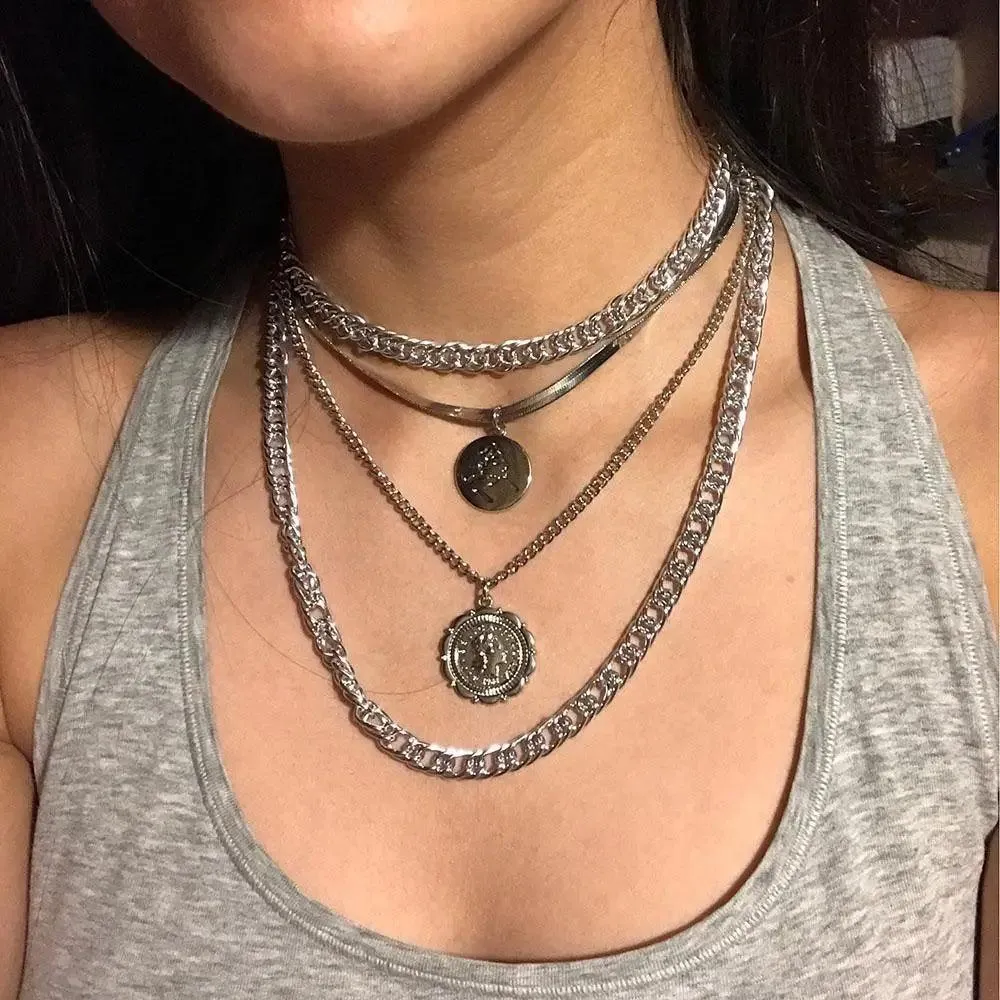 Vintage Style Multilayers Human Head Coin Pendant Necklaces For Women And Girls -Thick Chain Necklace Jewelry
