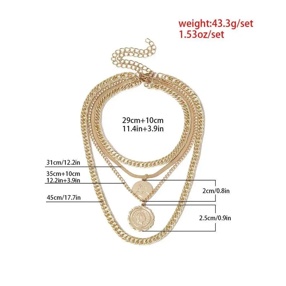Vintage Style Multilayers Human Head Coin Pendant Necklaces For Women And Girls -Thick Chain Necklace Jewelry