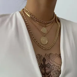 Vintage Style Multilayers Human Head Coin Pendant Necklaces For Women And Girls -Thick Chain Necklace Jewelry