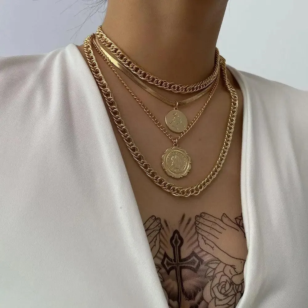 Vintage Style Multilayers Human Head Coin Pendant Necklaces For Women And Girls -Thick Chain Necklace Jewelry