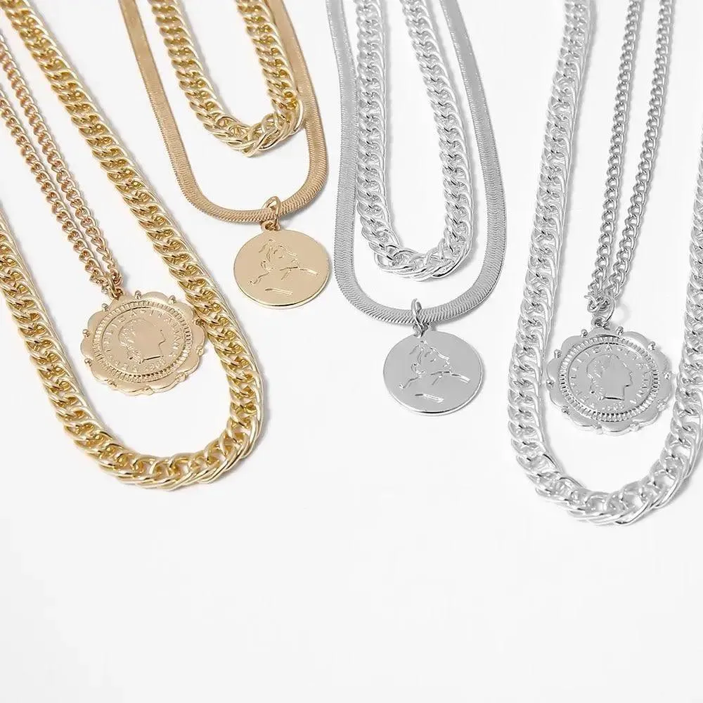 Vintage Style Multilayers Human Head Coin Pendant Necklaces For Women And Girls -Thick Chain Necklace Jewelry