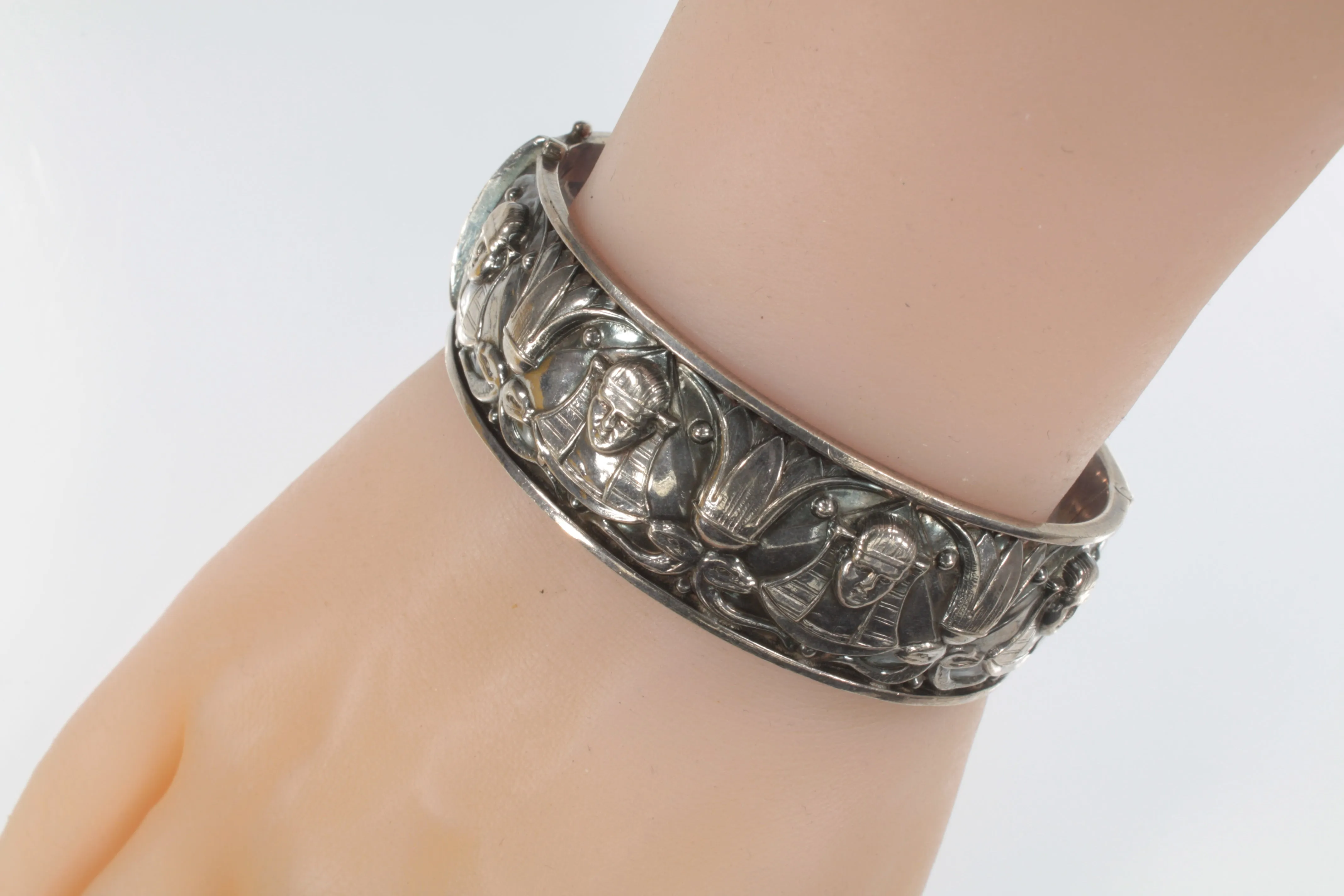 Vtg Sterling Silver Egyptian Pharaoh Lotus Flower Snake Bangle Bracelet 42.0g
