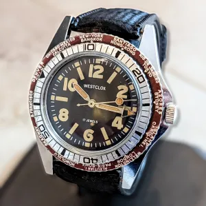 WESTCLOX Dual Bezel Diver Watch World Timer Wristwatch 17 Jewels