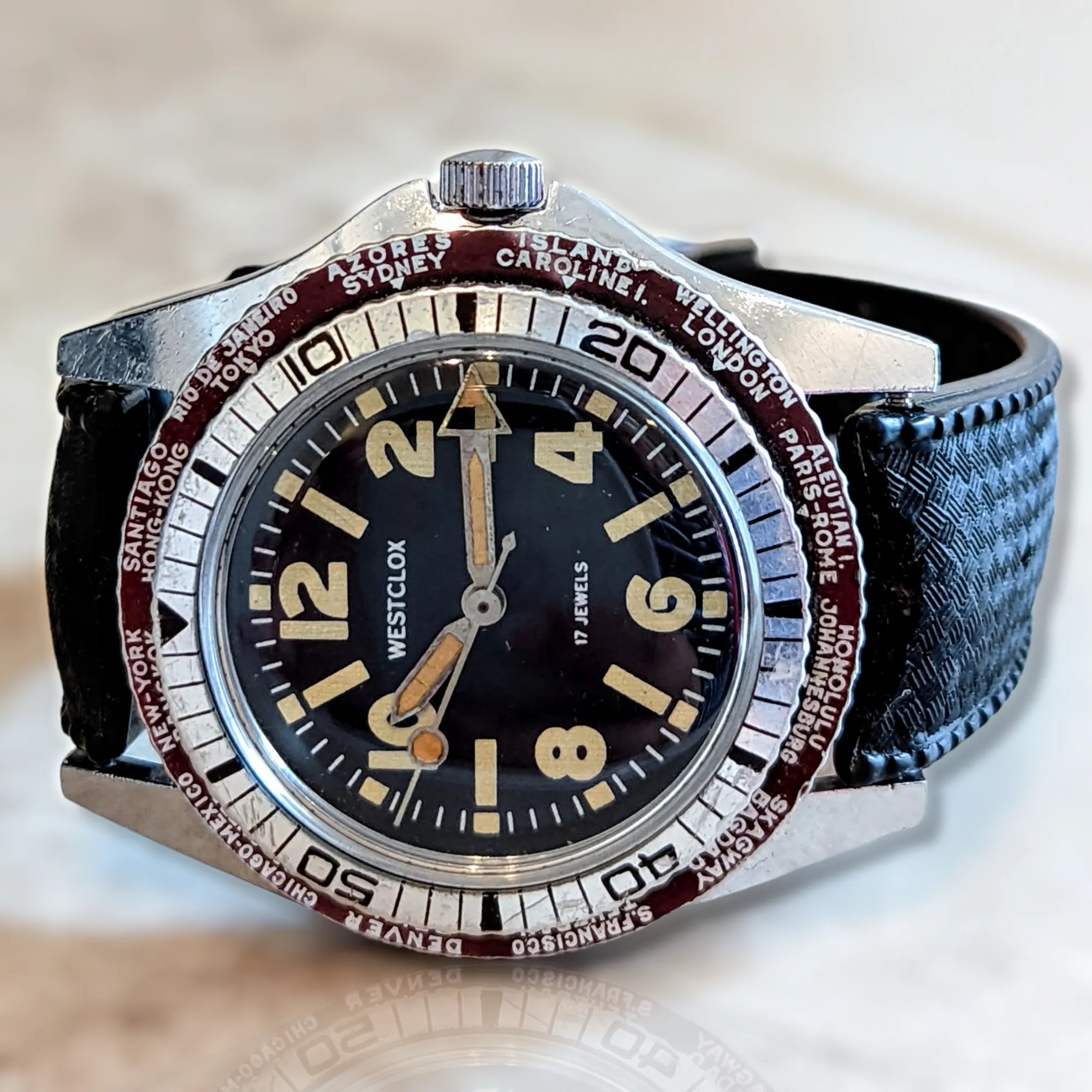 WESTCLOX Dual Bezel Diver Watch World Timer Wristwatch 17 Jewels