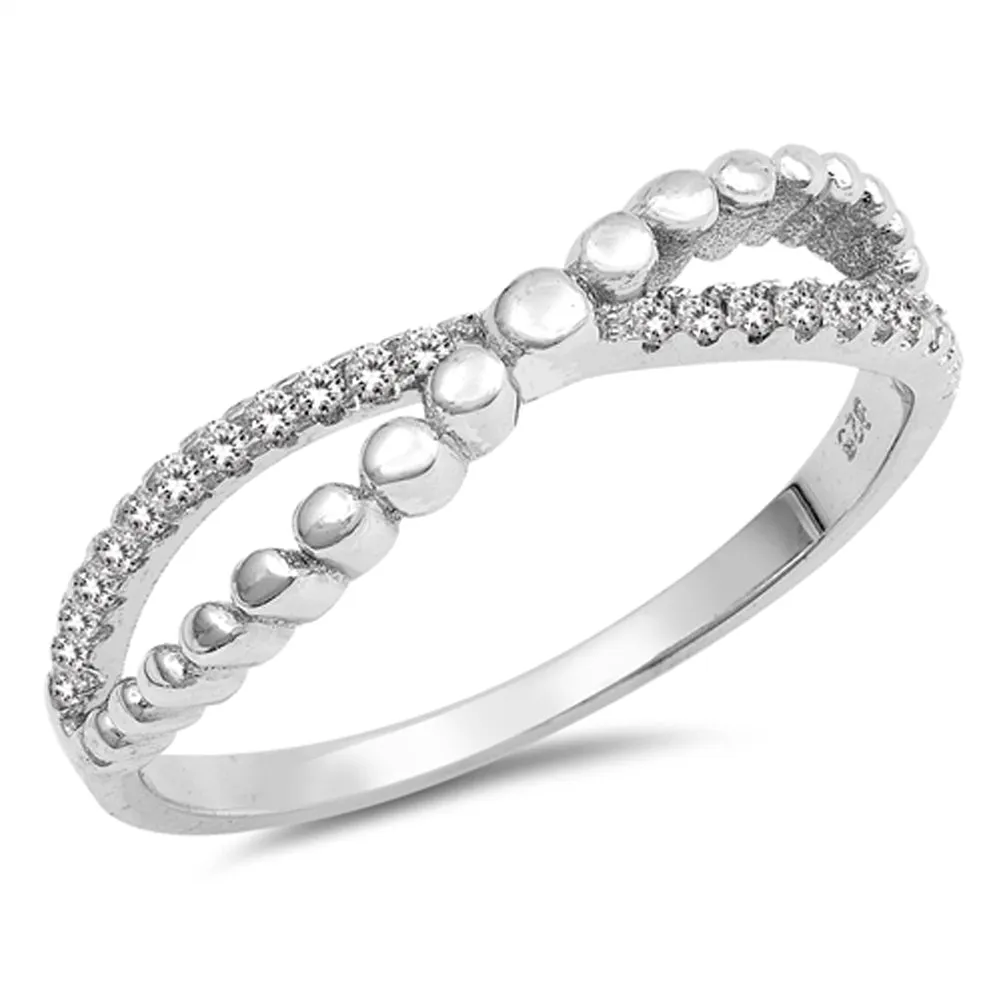 White CZ Criss Cross Infinity Beaded Knot Ring Sterling Silver Band Sizes 4-10