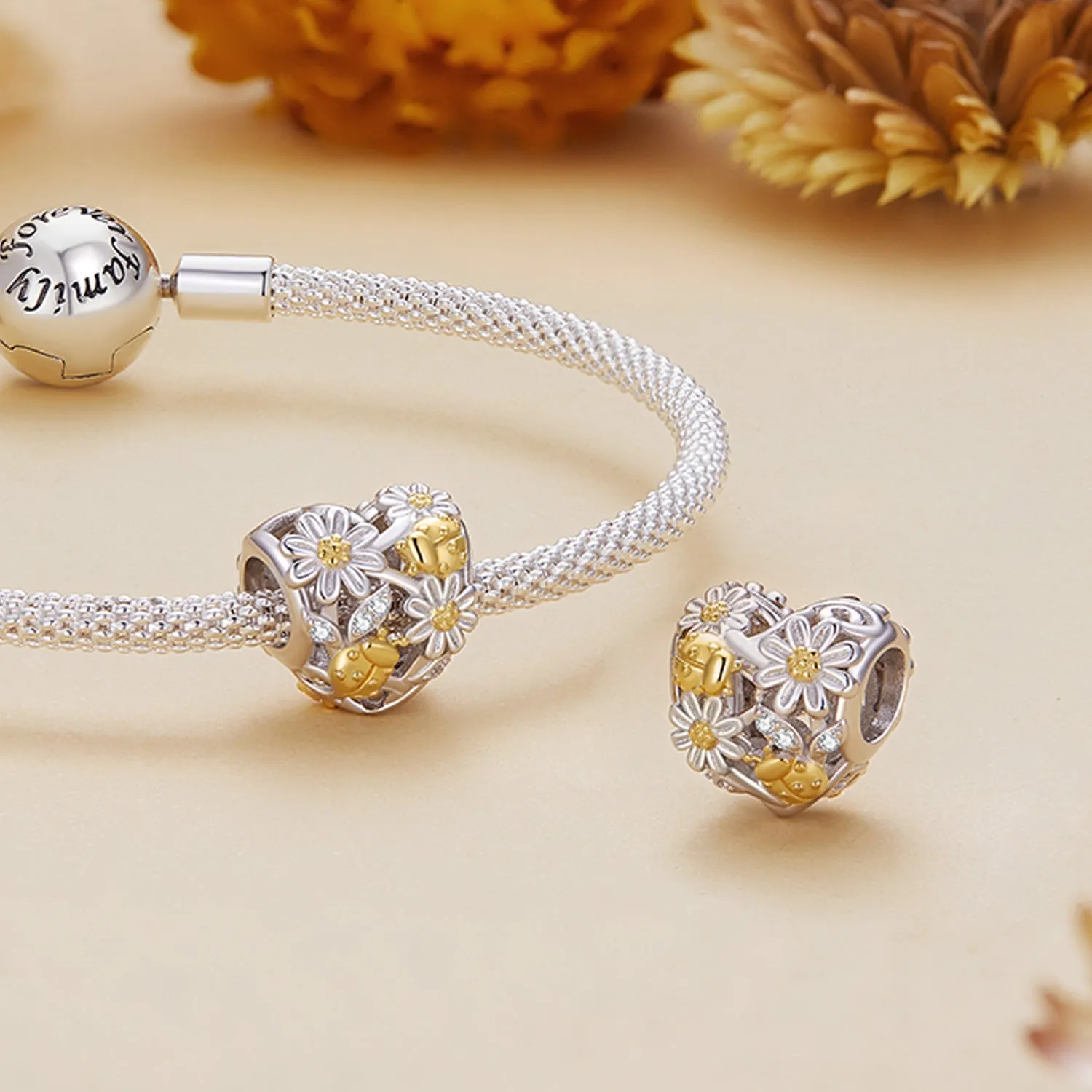 Yellow Daisy & Ladybug Heart Charm