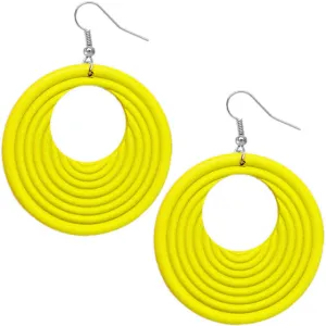 Yellow Wooden Circular Roll Texture Dangle Earrings