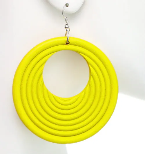 Yellow Wooden Circular Roll Texture Dangle Earrings