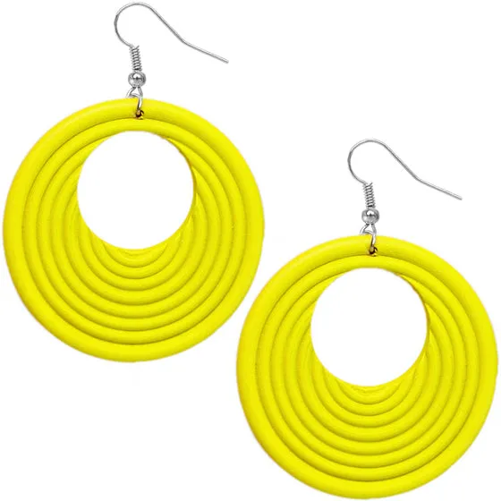 Yellow Wooden Circular Roll Texture Dangle Earrings